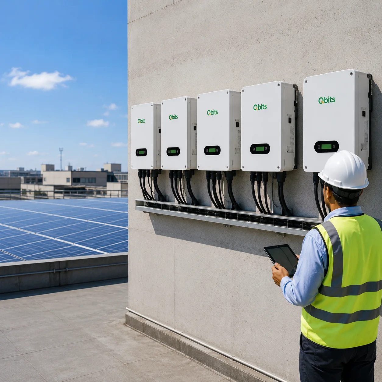 A technician reviewing system performance on a tablet beside a row of five wall-mounted Qbits solar inverters at a commercial rooftop installation