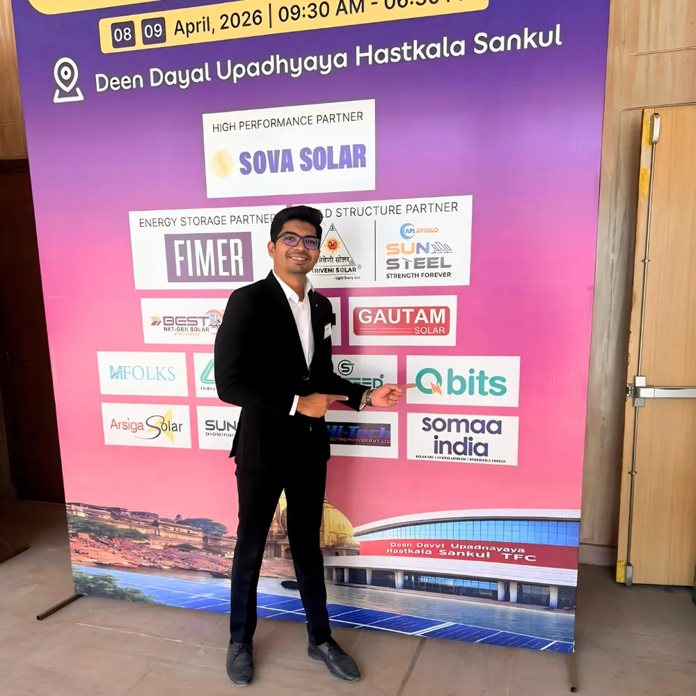 Qbits logo displayed among the partner brands on the official Global Solar Expo Varanasi sponsor board