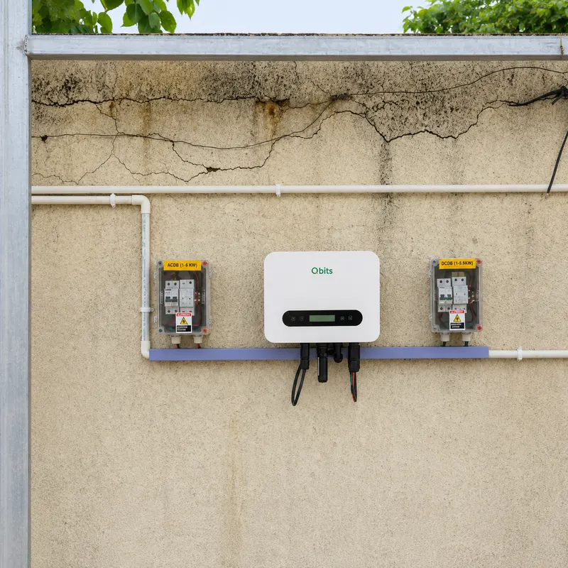 Qbits solar inverter mounted on a weathered compound wall with ACDB and DCDB enclosures on a slim trunking rail