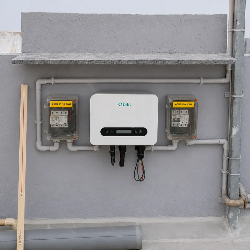 Qbits on-grid solar inverter wall-mounted on a rooftop parapet between a DCCB and ACDB enclosure, with conduit routed to a cable tray