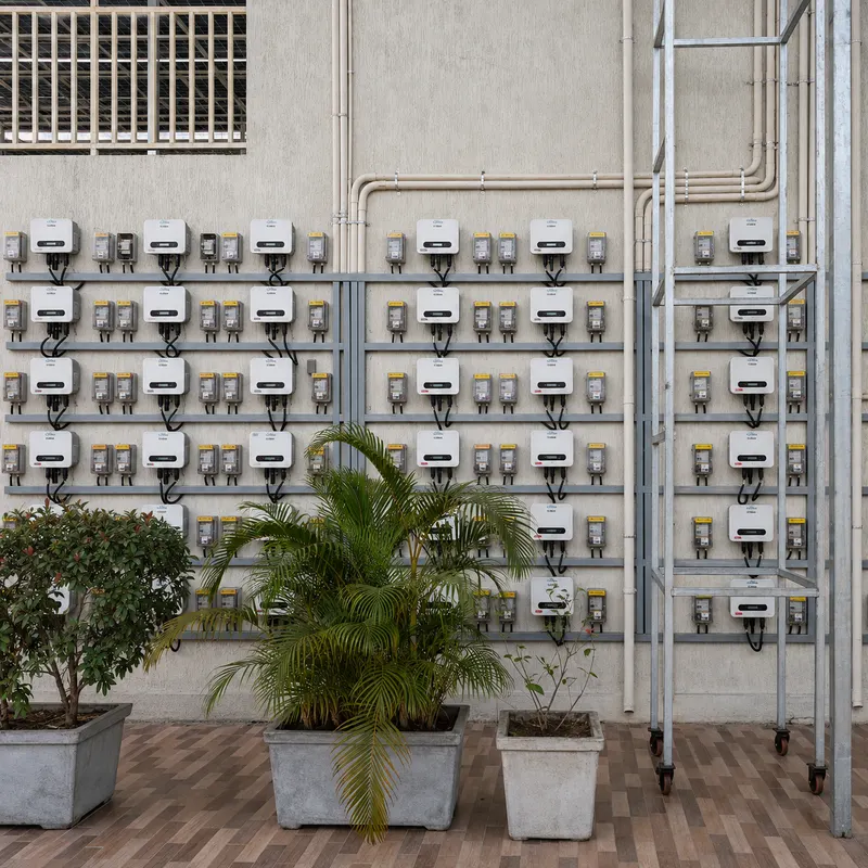 A large institutional installation with dozens of Qbits solar inverters and meters racked across a courtyard wall