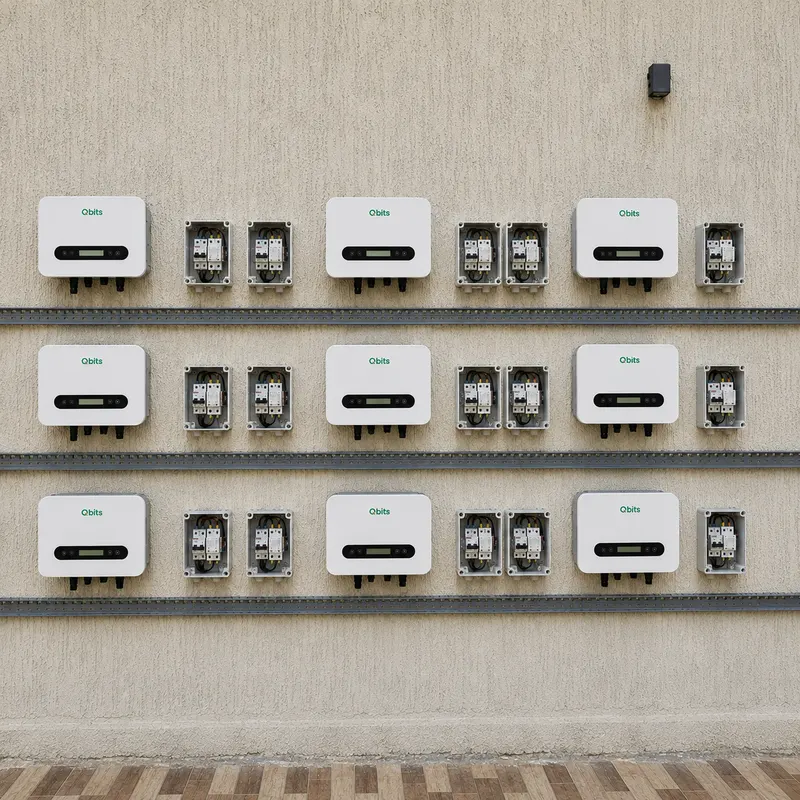 A bank of nine Qbits solar inverters mounted in three rows on an exterior wall with paired combiner boxes