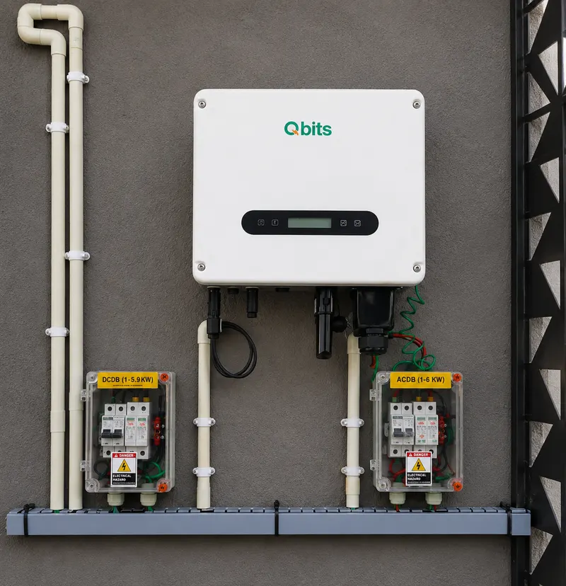 Qbits solar inverter on a grey textured wall with vertical PVC conduit runs down to DCDB and ACDB enclosures