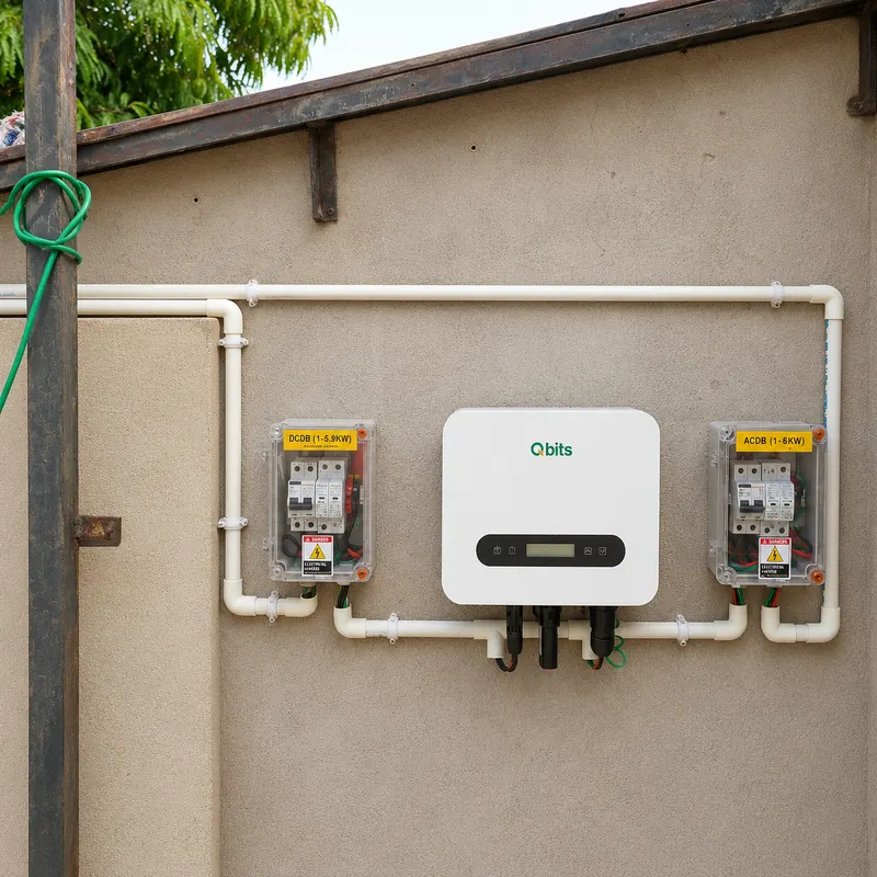 Qbits solar inverter installed on a rural boundary wall with a long horizontal conduit run above
