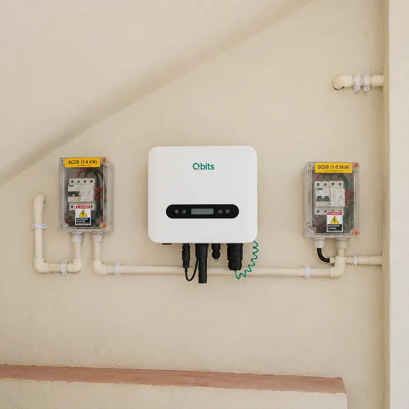 Qbits solar inverter mounted on an interior stairwell wall with ACDB and DCDB enclosures on either side