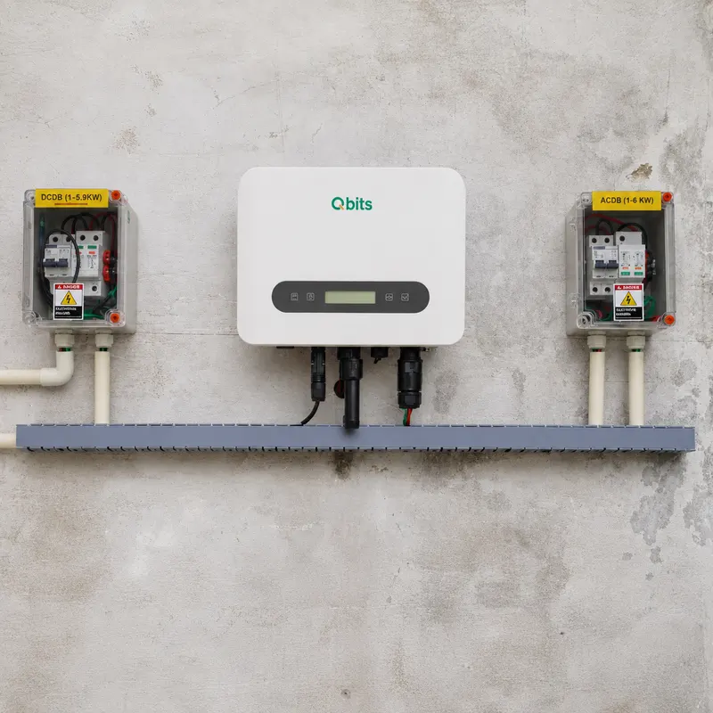 Qbits solar inverter installed on a bare concrete wall with DCDB and ACDB enclosures and a long grey cable trunk beneath