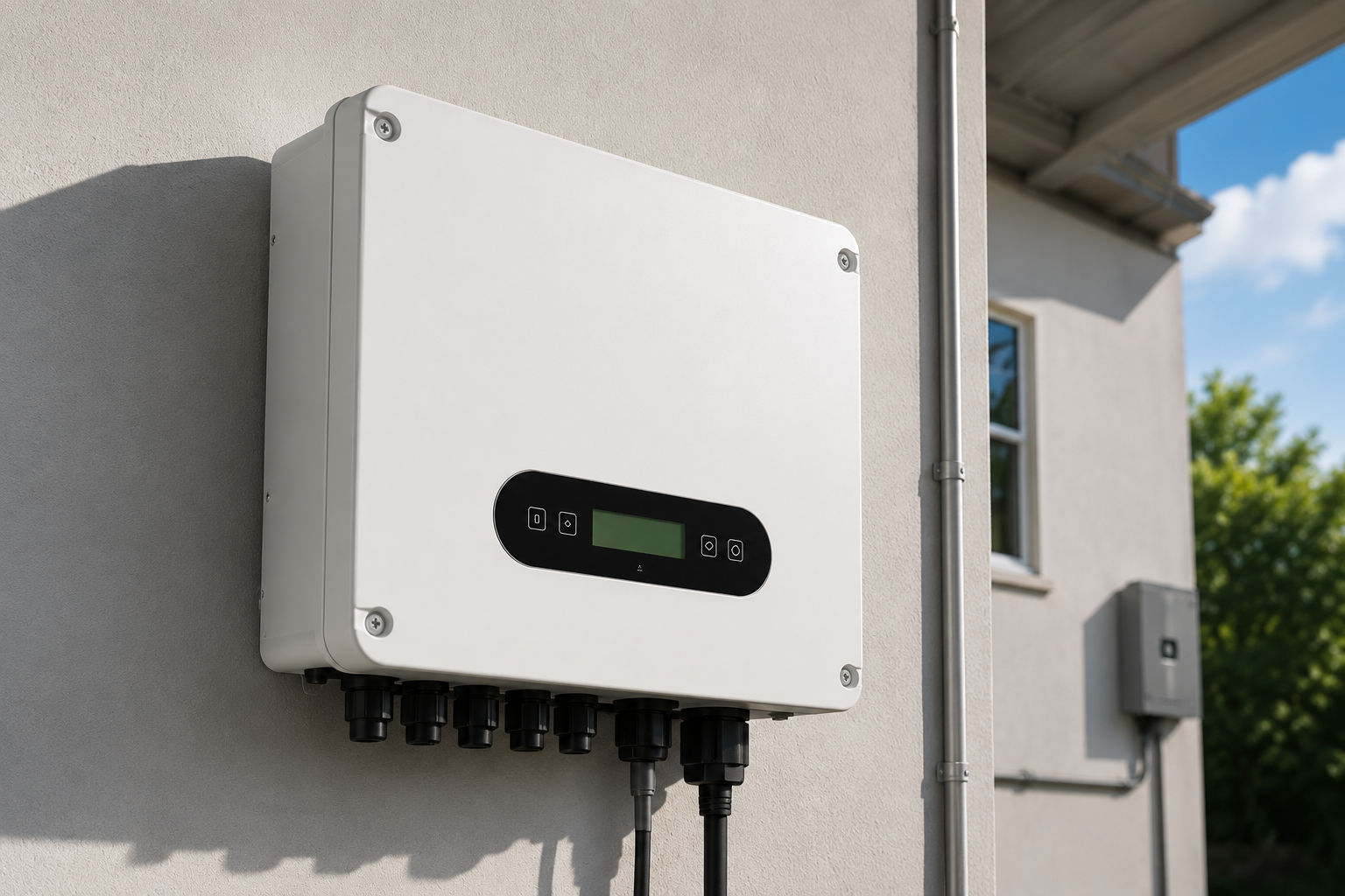 Close-up of a Qbits hybrid inverter, showing the battery and solar input terminals a future storage subsidy would use
