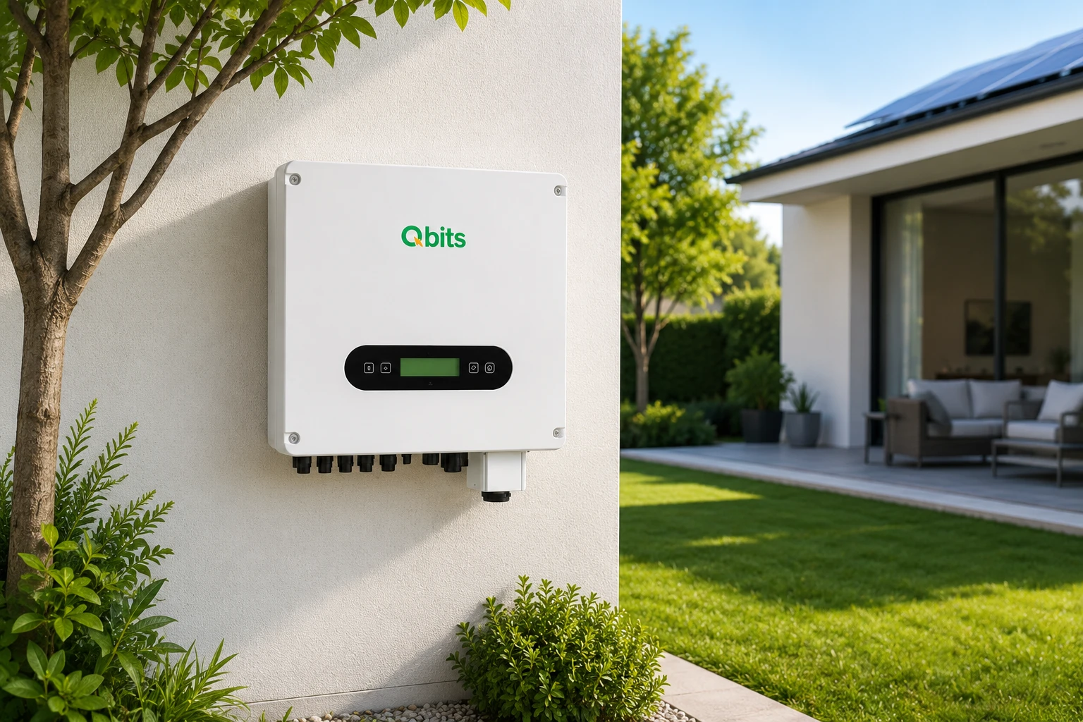 A Qbits hybrid inverter wall-mounted outside a home, ready for solar and battery input